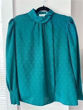 Vintage Anne Klein Emerald Green Jacquard High Neck Blouse Long Sleeve Size 8